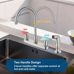 Kitchen Faucet with Side Sprayer, 2-Handle 4 Hole, Brushed Nickel