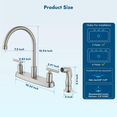 Kitchen Faucet with Side Sprayer, 2-Handle 4 Hole, Brushed Nickel