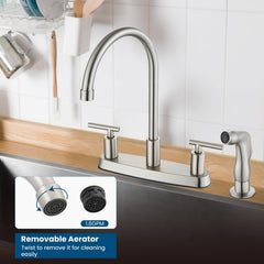 Kitchen Faucet with Side Sprayer, 2-Handle 4 Hole, Brushed Nickel