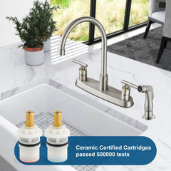 Kitchen Faucet with Side Sprayer, 2-Handle 4 Hole, Brushed Nickel
