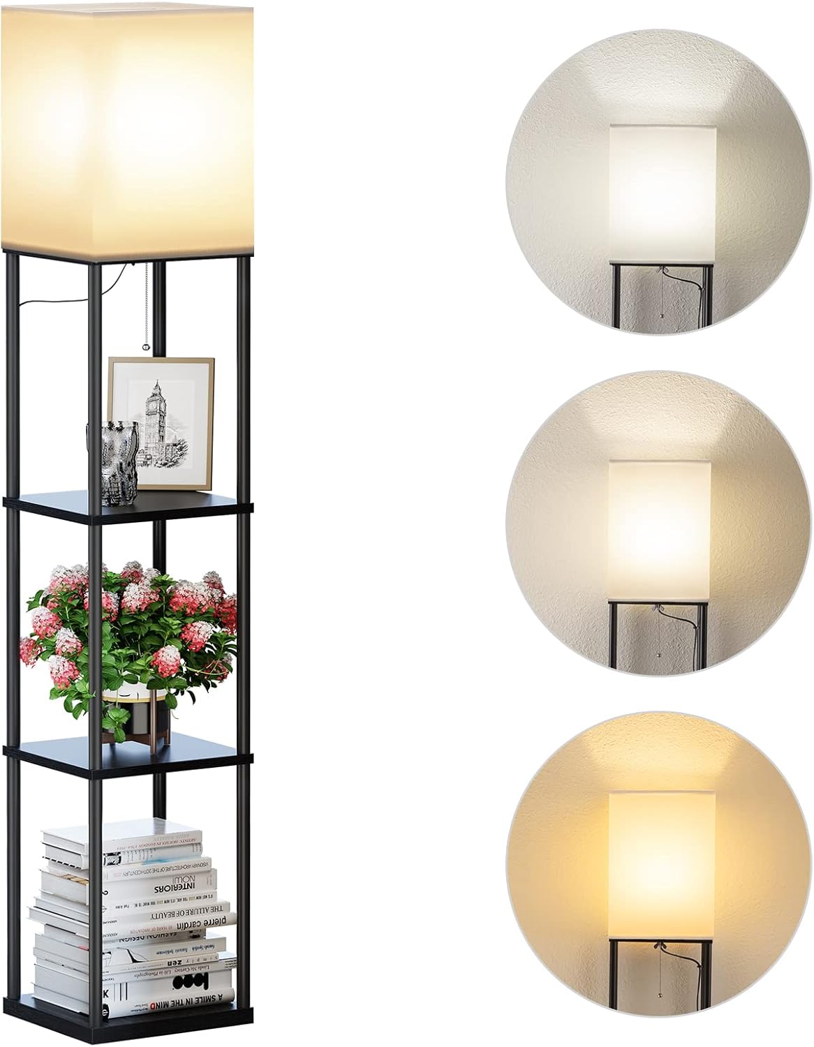 SUNMORY Floor Lamp with Shelves, Standing Lamps for Living Room, Black | 3 CCT LED Bulb Include, 4-Tier Display Bookshelf, 63" Tall Corner Shelf Lamp, Modern Style for Bedroom, Office, Home Decor